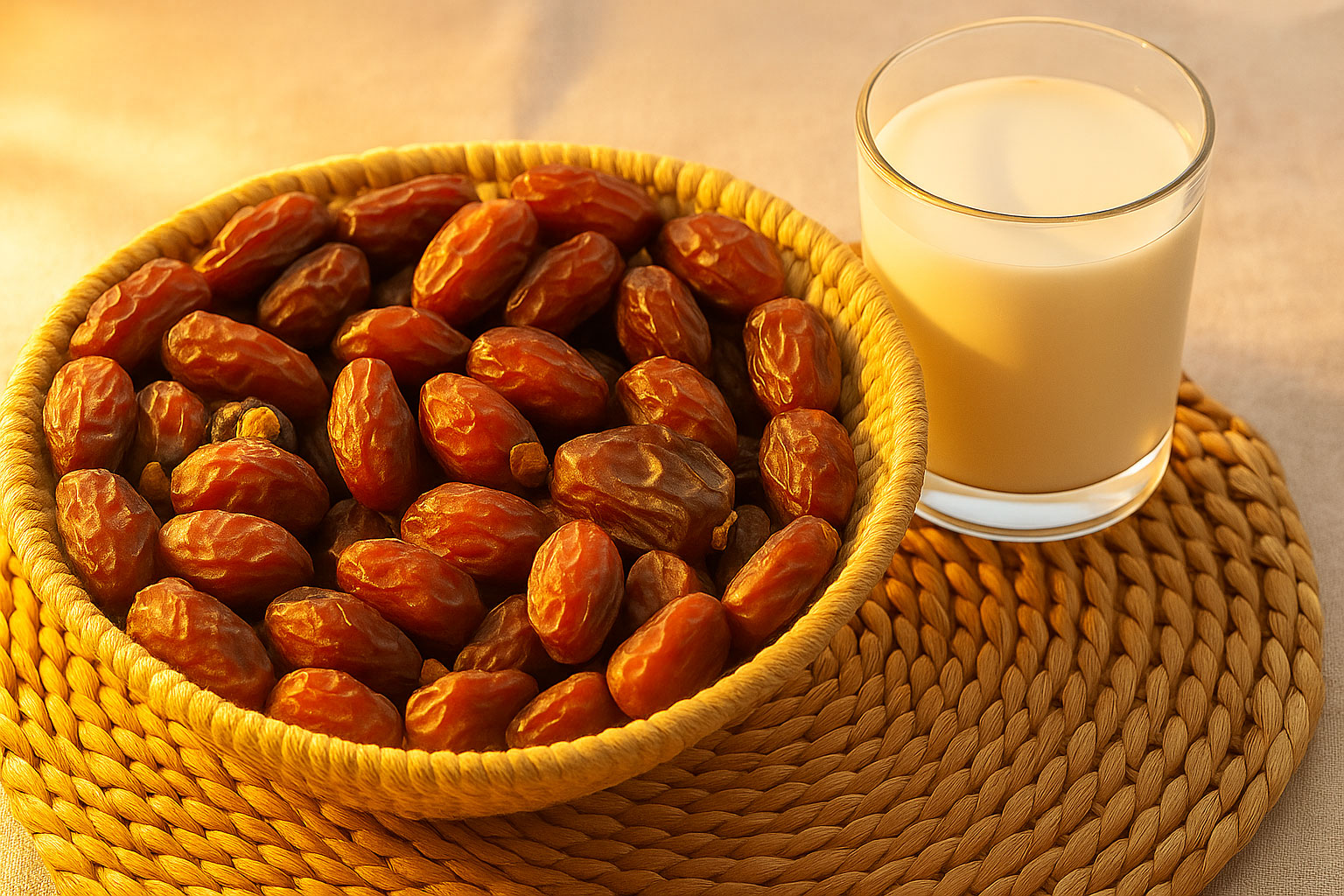 خرمای خاصویی بدون شیره در ظرف حصیری بوشهری کنار لیوان شیر با نور ملایم صبح